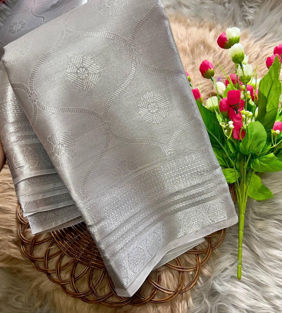 Soft Tissue Silk Saree Traditional Wear Designer Silver Saree With Blouse