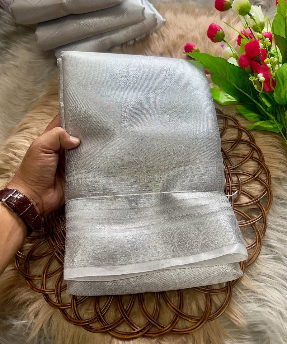 Soft Tissue Silk Saree Traditional Wear Designer Silver Saree With Blouse