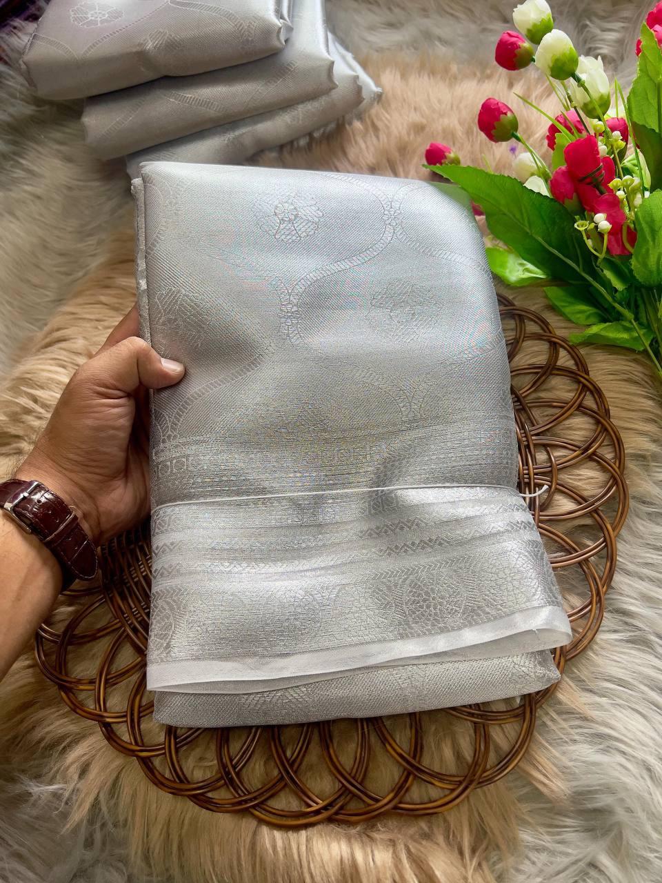 Soft Tissue Silk Saree Traditional Wear Designer Silver Saree With Blouse