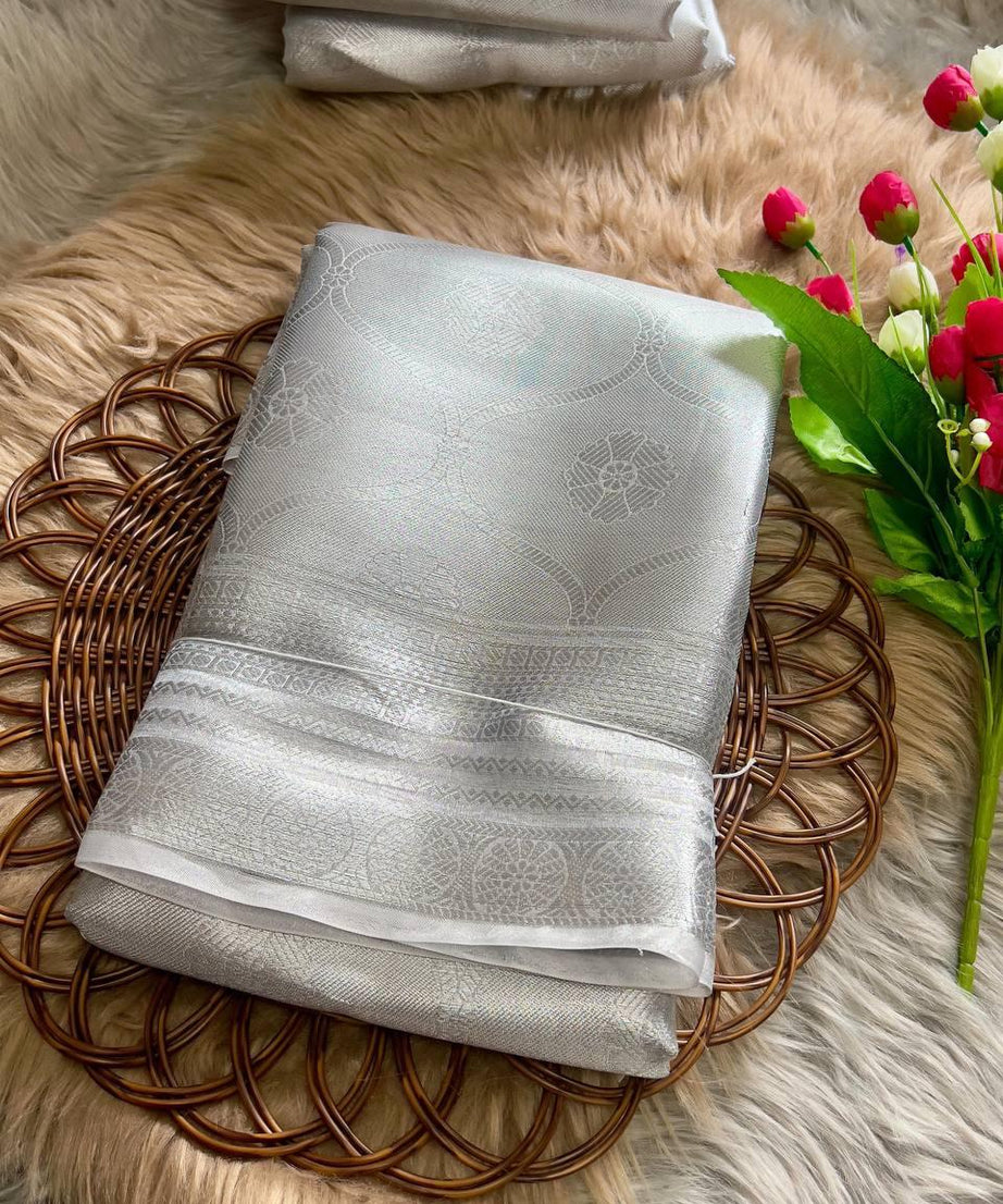 Soft Tissue Silk Saree Traditional Wear Designer Silver Saree With Blouse