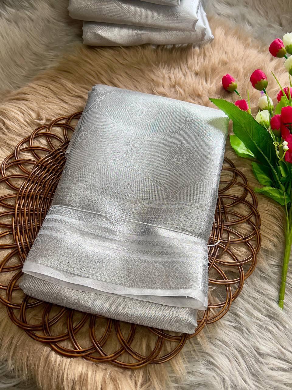 Soft Tissue Silk Saree Traditional Wear Designer Silver Saree With Blouse