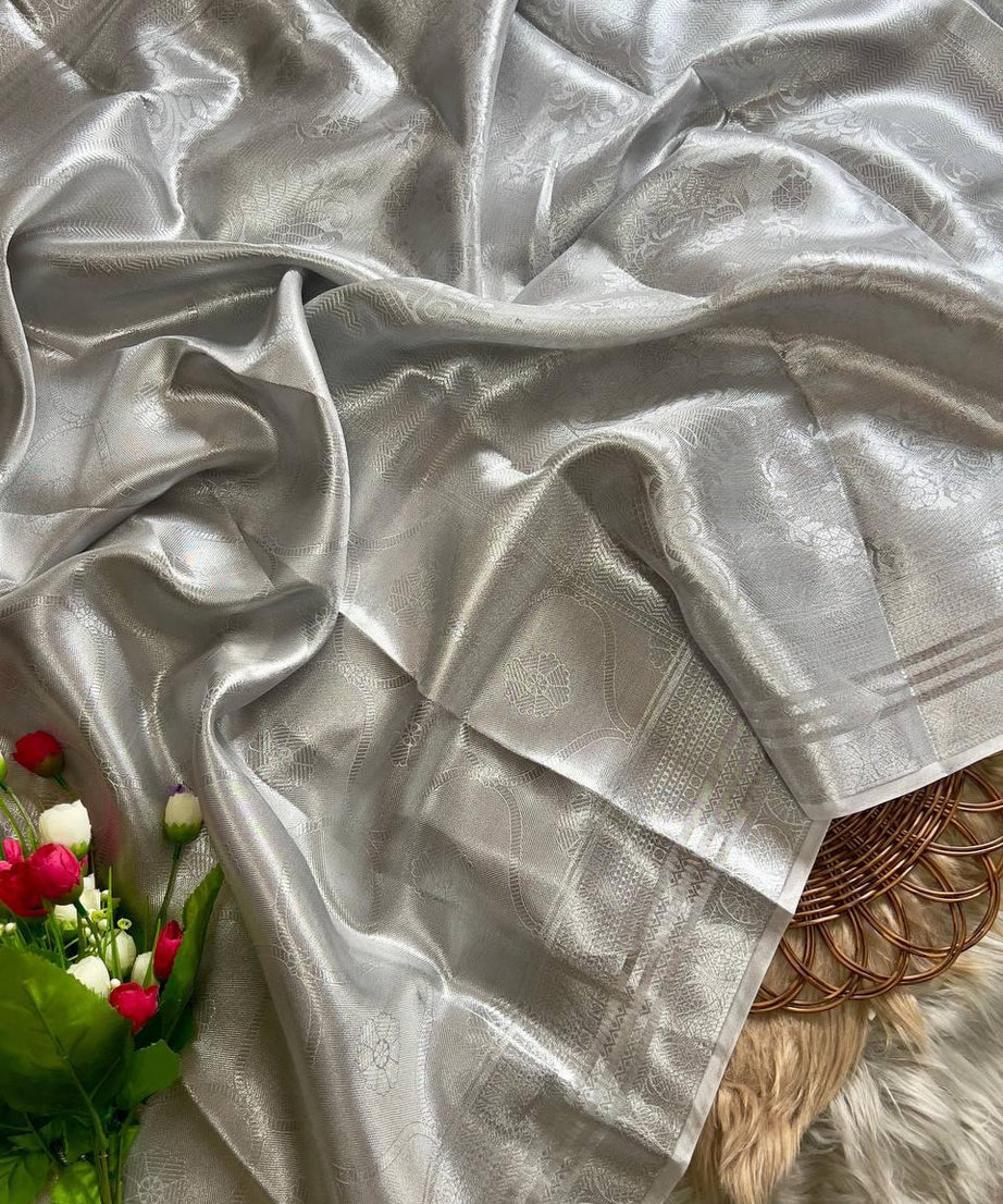 Soft Tissue Silk Saree Traditional Wear Designer Silver Saree With Blouse