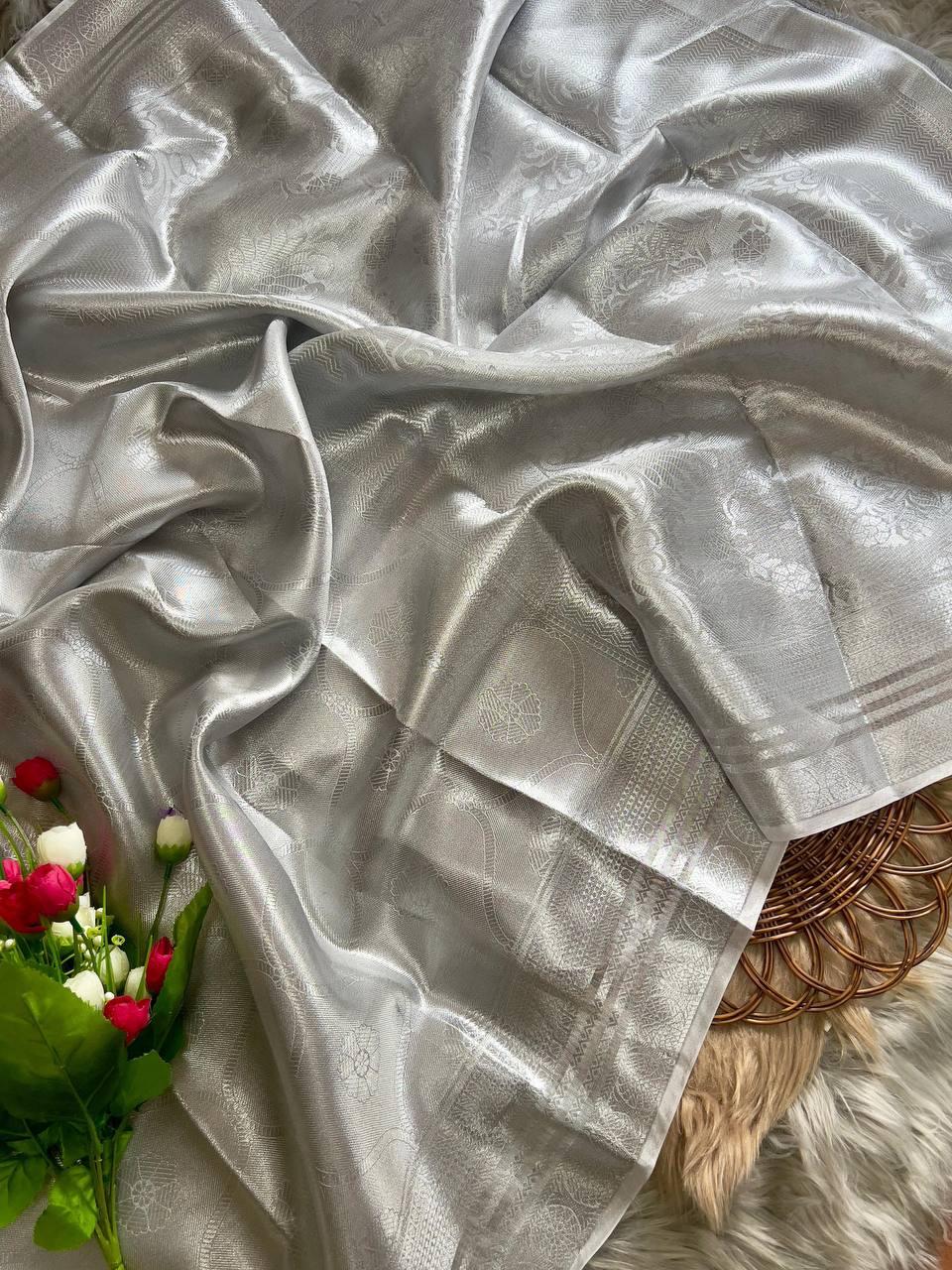 Soft Tissue Silk Saree Traditional Wear Designer Silver Saree With Blouse