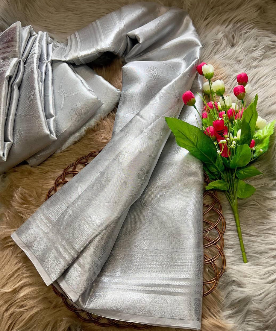 Soft Tissue Silk Saree Traditional Wear Designer Silver Saree With Blouse