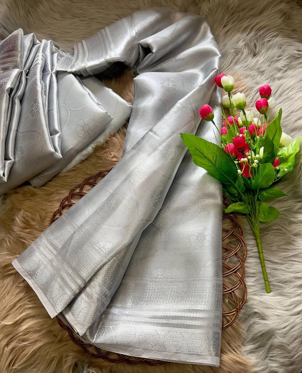 Soft Tissue Silk Saree Traditional Wear Designer Silver Saree With Blouse