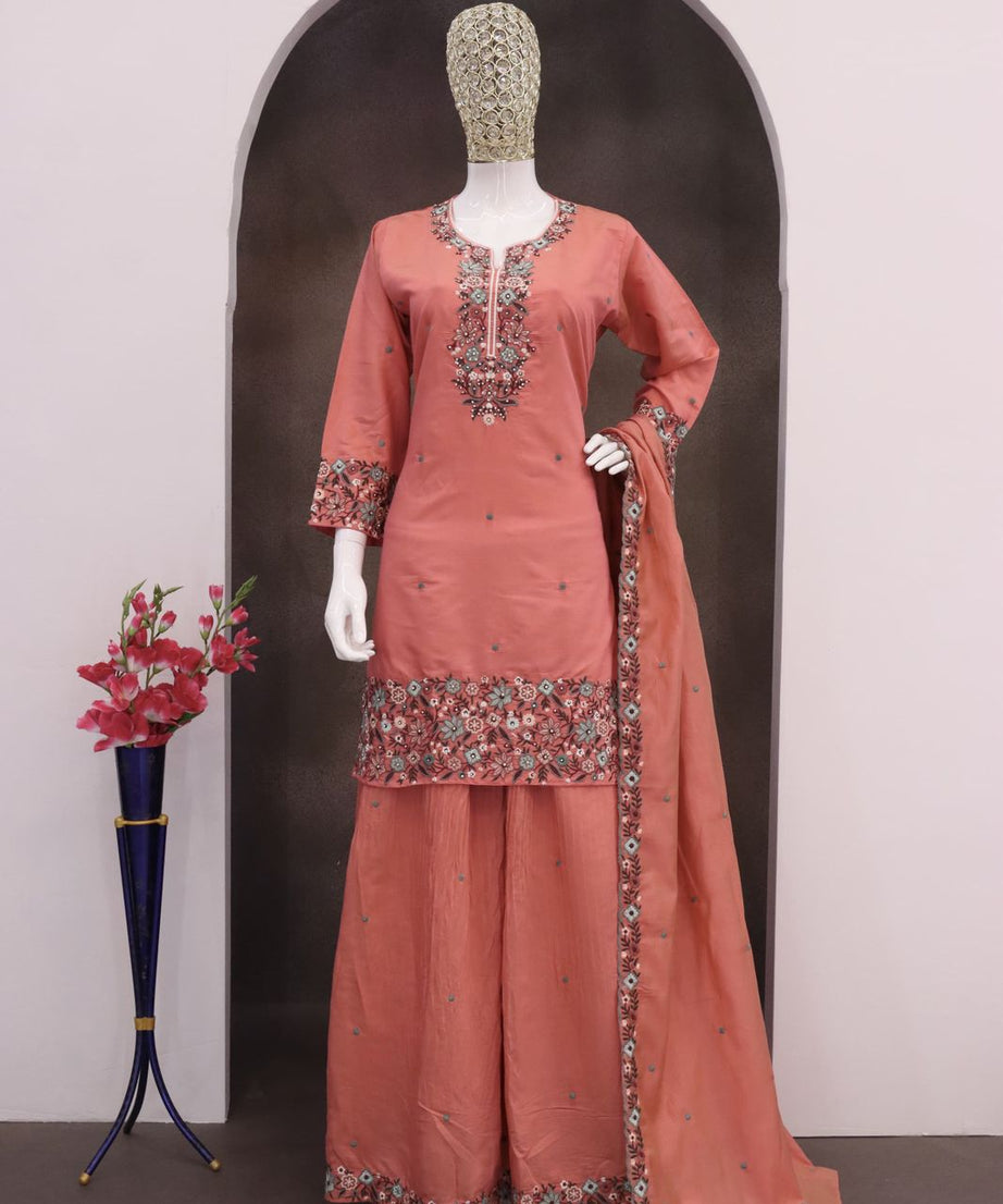 Heavy Function Wear Chinon silk With Embroidery Work Top Bottom & Dupatta