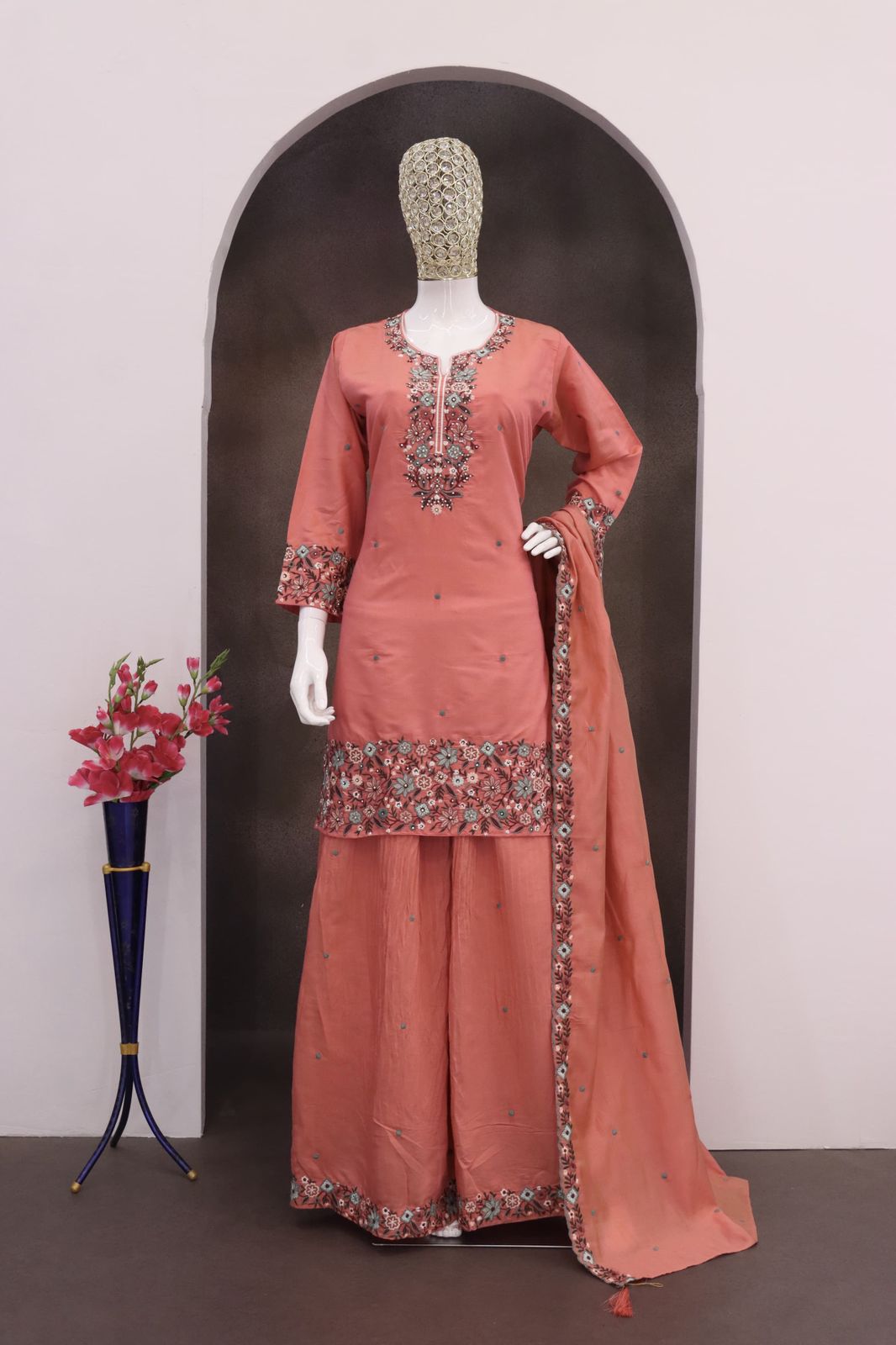 Heavy Function Wear Chinon silk With Embroidery Work Top Bottom & Dupatta