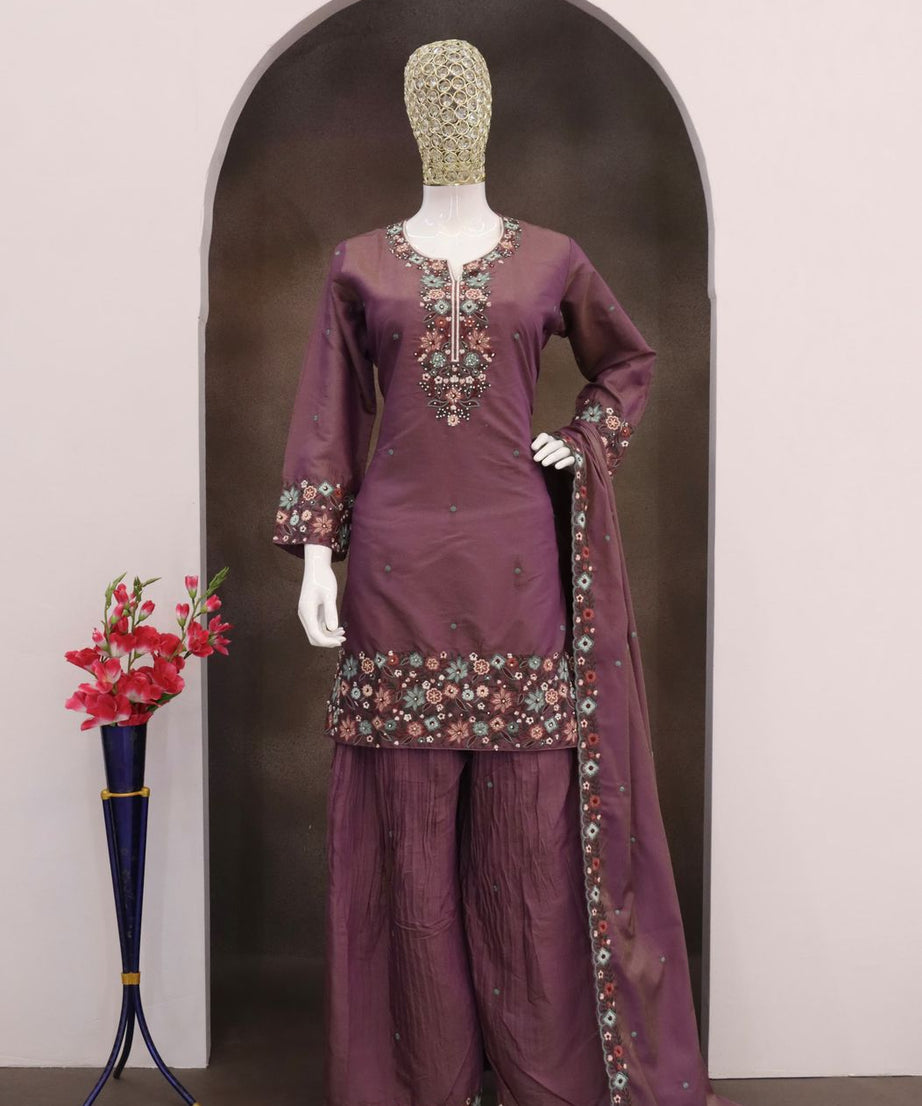 Heavy Function Wear Chinon silk With Embroidery Work Top Bottom & Dupatta