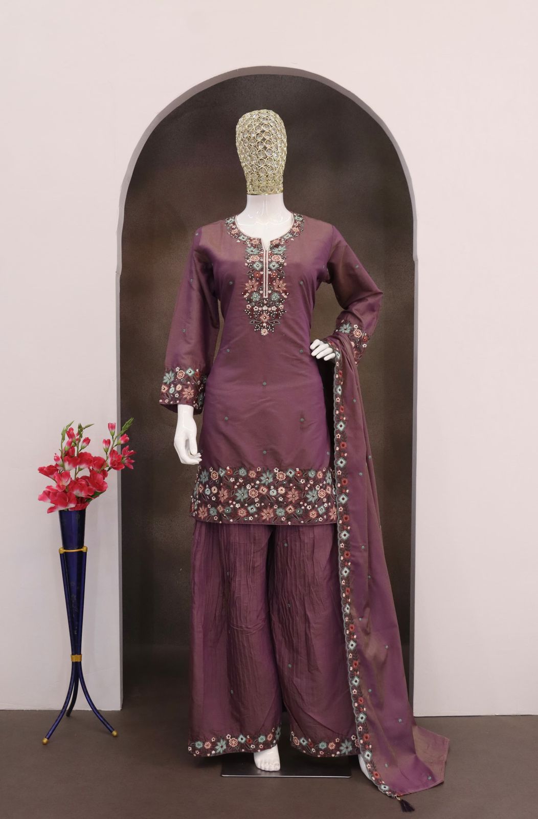 Heavy Function Wear Chinon silk With Embroidery Work Top Bottom & Dupatta