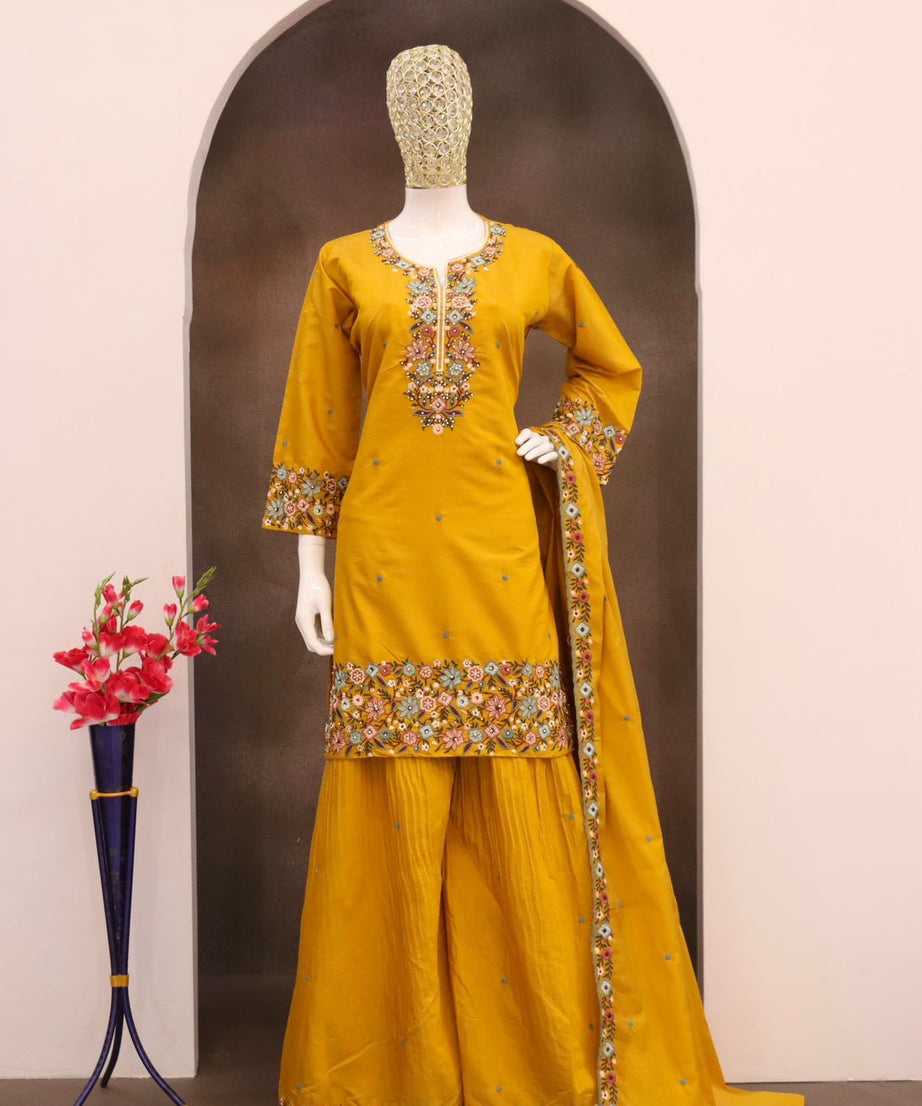 Heavy Function Wear Chinon silk With Embroidery Work Top Bottom & Dupatta