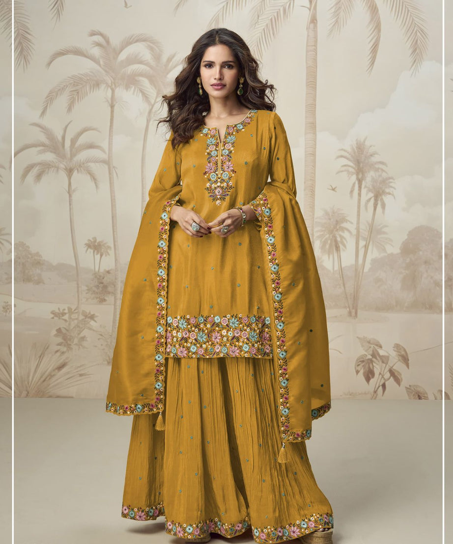 Heavy Function Wear Chinon silk With Embroidery Work Top Bottom & Dupatta