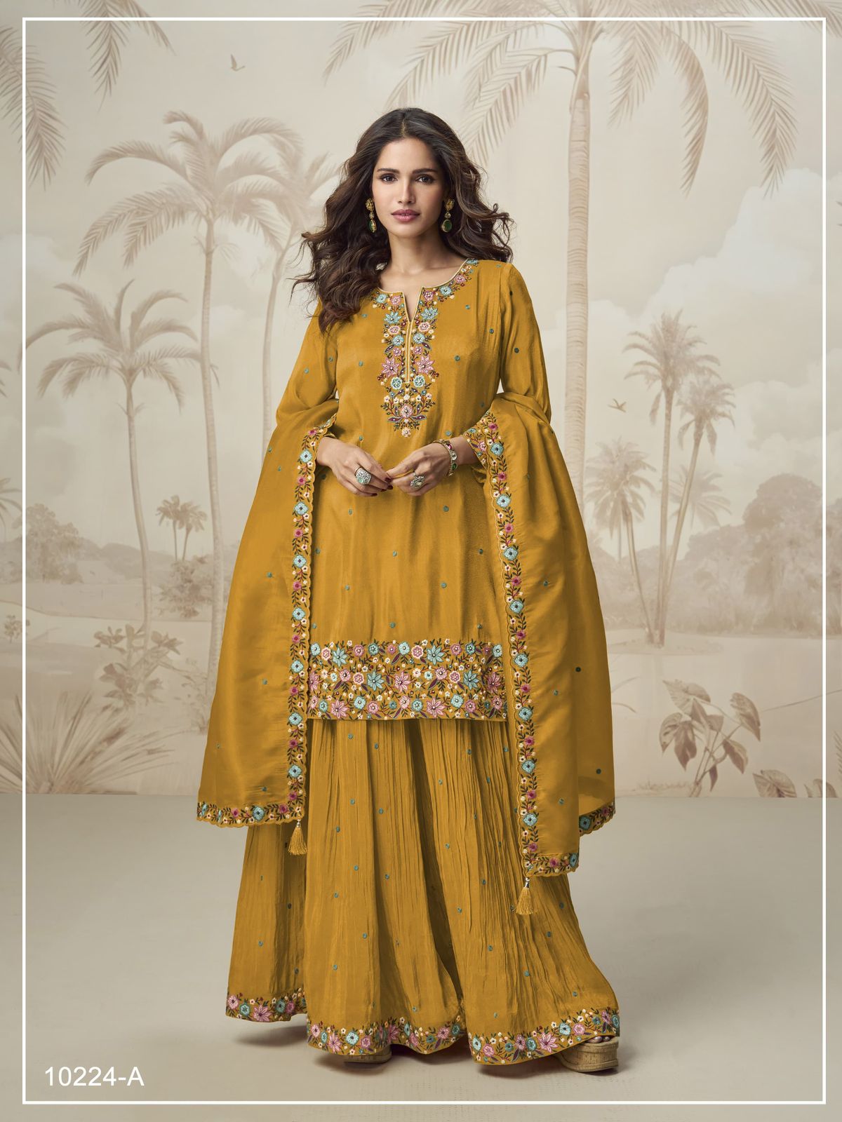 Heavy Function Wear Chinon silk With Embroidery Work Top Bottom & Dupatta