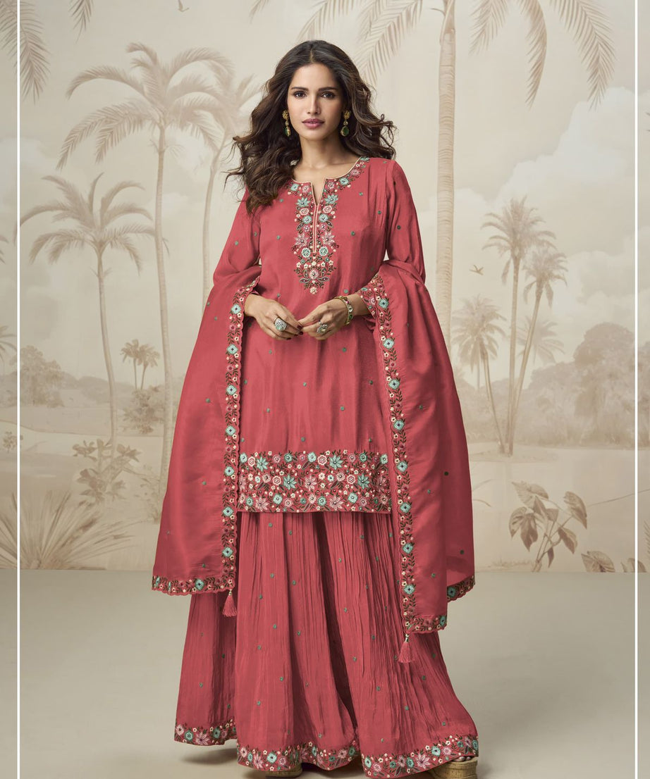 Heavy Function Wear Chinon silk With Embroidery Work Top Bottom & Dupatta