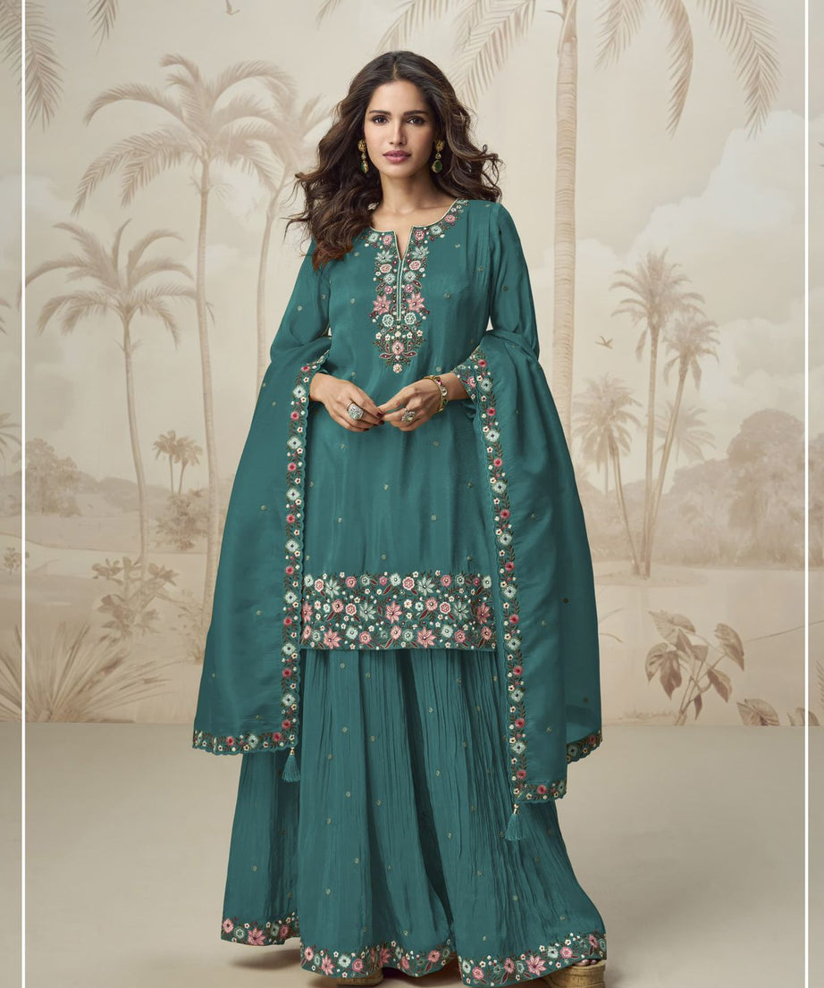 Heavy Function Wear Chinon silk With Embroidery Work Top Bottom & Dupatta