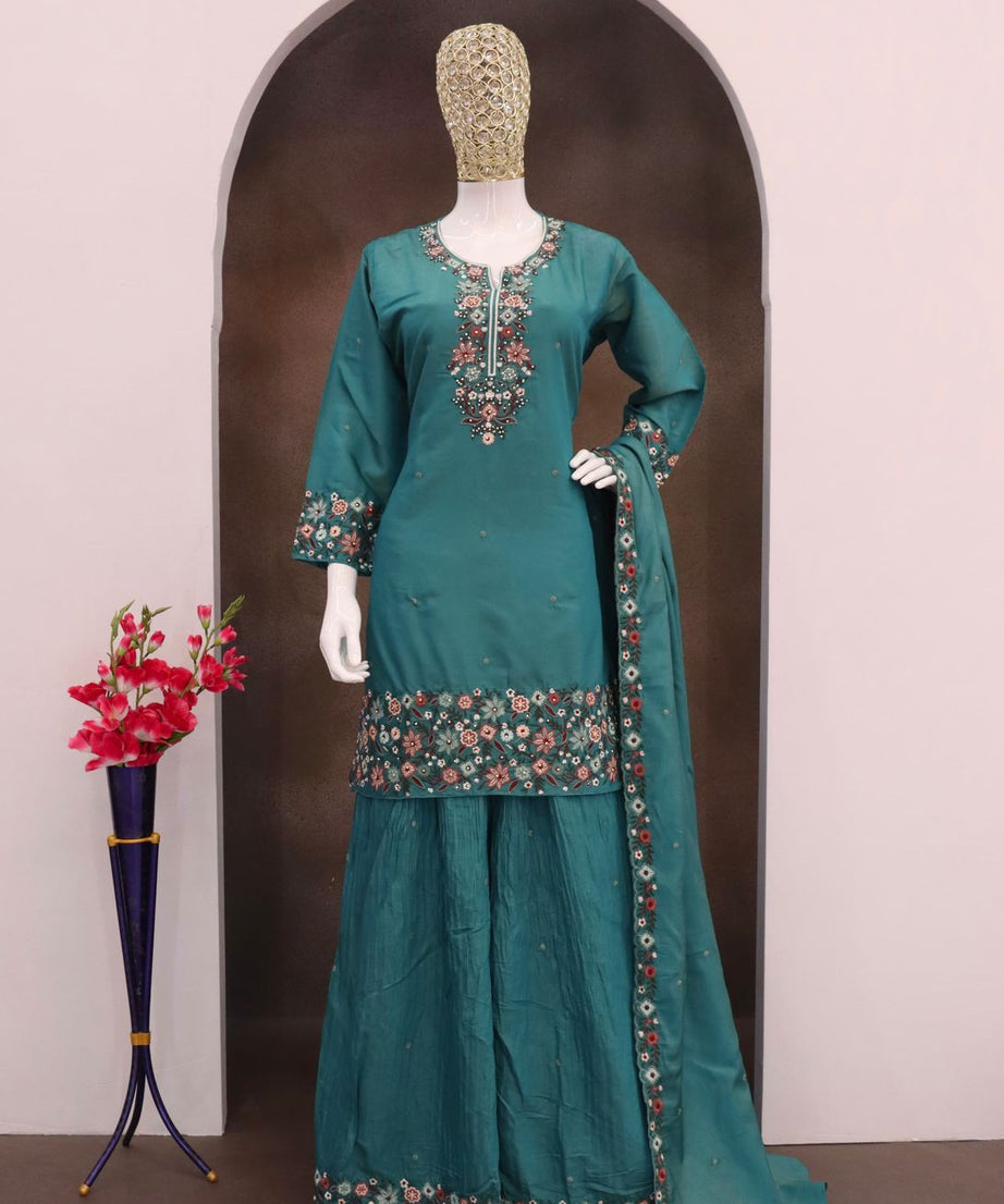Heavy Function Wear Chinon silk With Embroidery Work Top Bottom & Dupatta