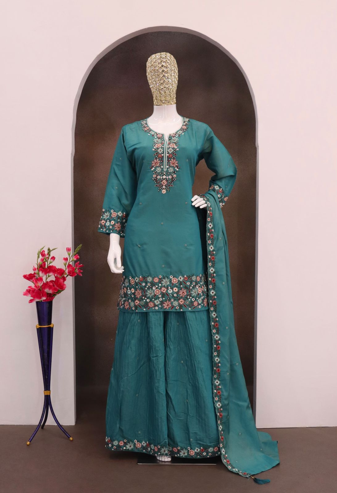 Heavy Function Wear Chinon silk With Embroidery Work Top Bottom & Dupatta