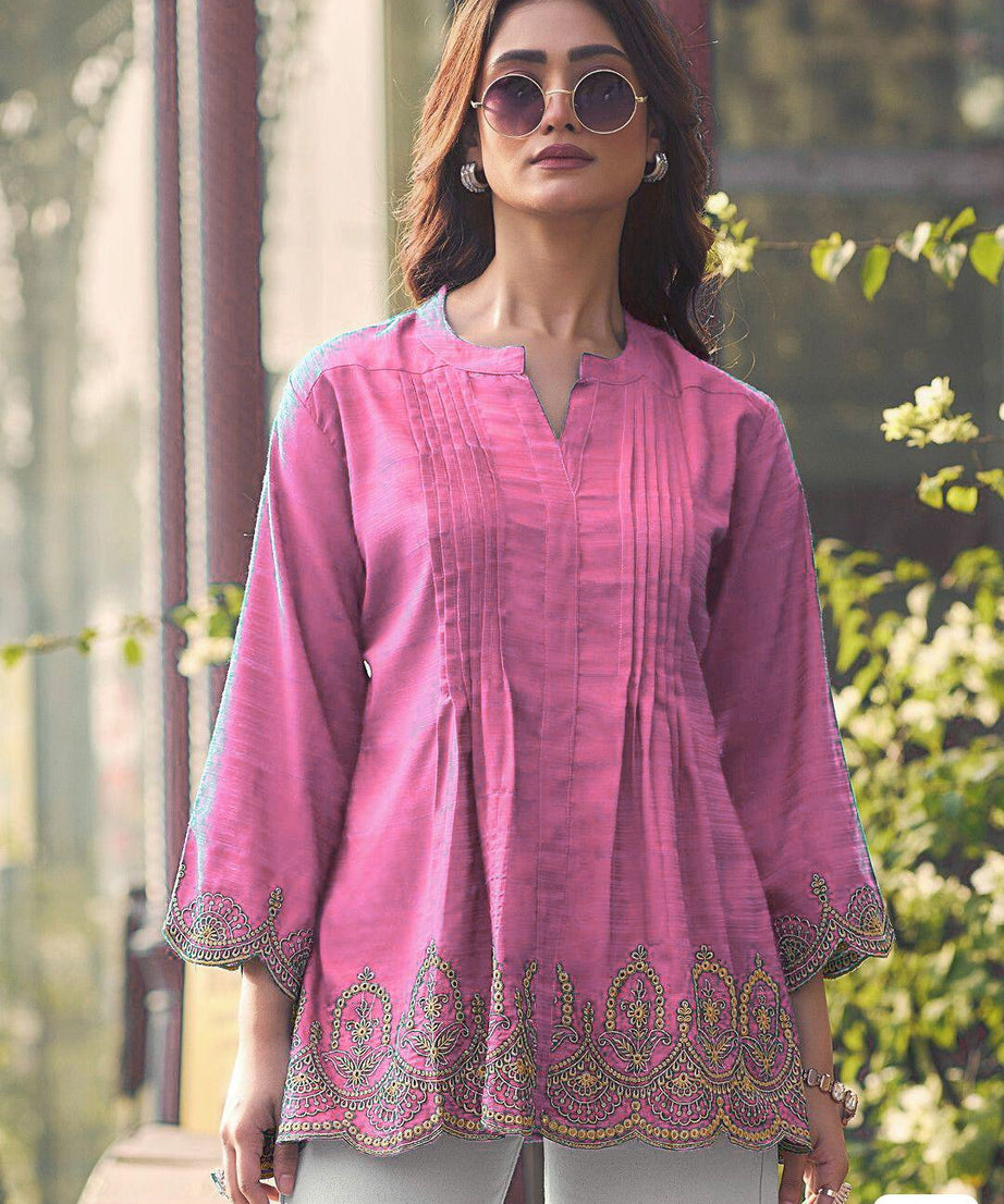 Fancy Heavy Rayon Slub With Embroidery Cut Work Kurti For Women's