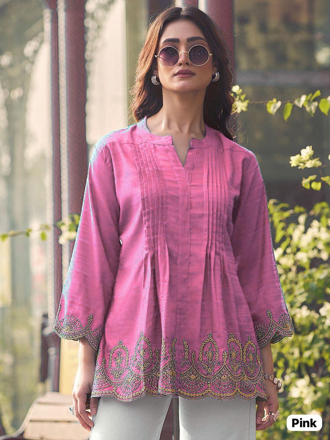 Fancy Heavy Rayon Slub With Embroidery Cut Work Kurti For Women's