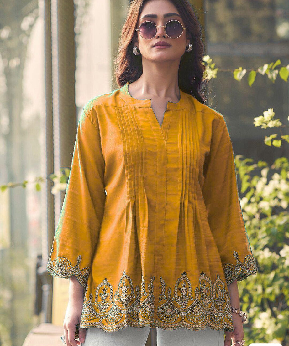 Fancy Heavy Rayon Slub With Embroidery Cut Work Kurti For Women's