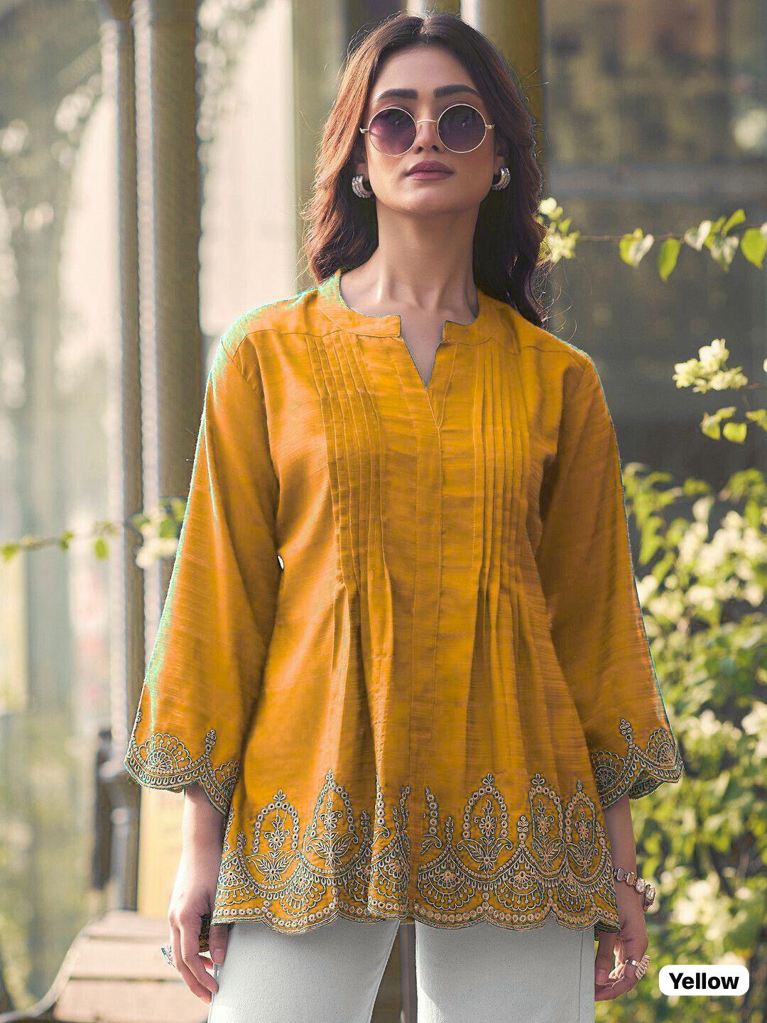 Fancy Heavy Rayon Slub With Embroidery Cut Work Kurti For Women's