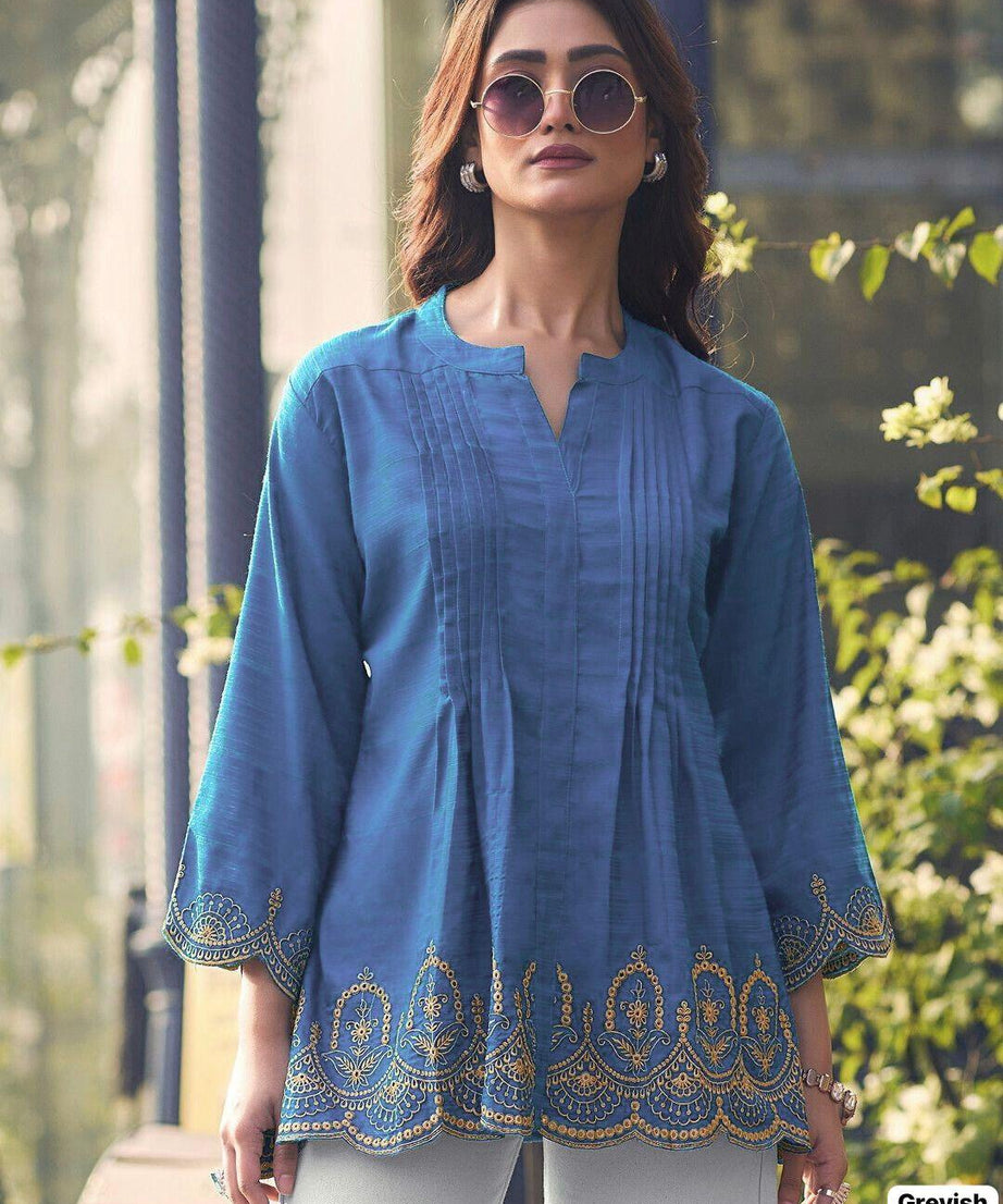 Fancy Heavy Rayon Slub With Embroidery Cut Work Kurti For Women's