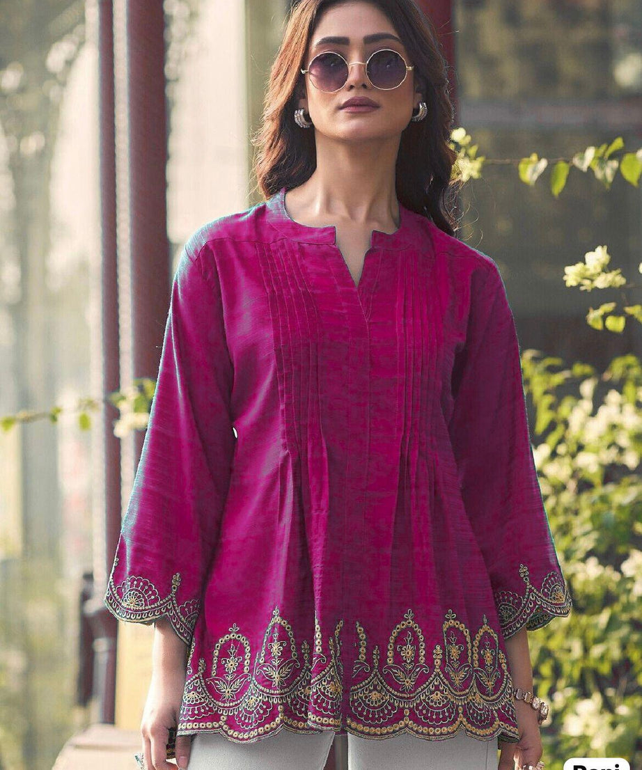 Fancy Heavy Rayon Slub With Embroidery Cut Work Kurti For Women's