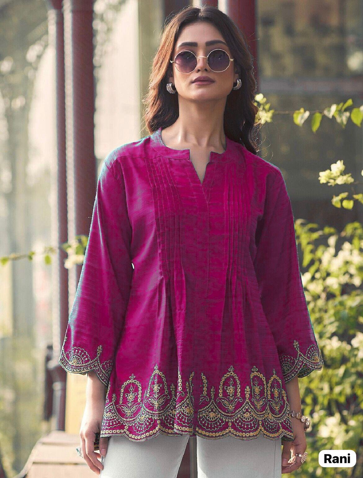 Fancy Heavy Rayon Slub With Embroidery Cut Work Kurti For Women's