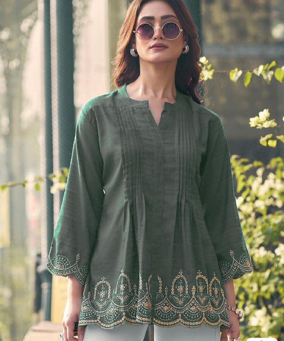 Fancy Heavy Rayon Slub With Embroidery Cut Work Kurti For Women's