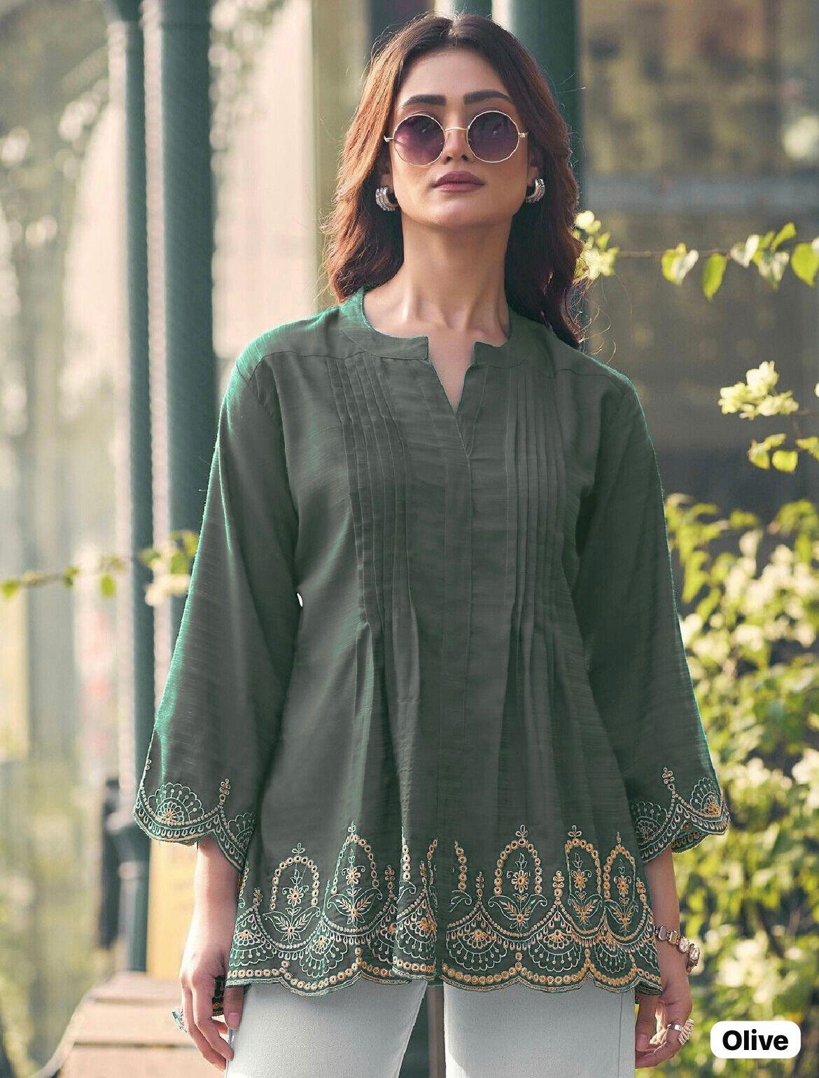 Fancy Heavy Rayon Slub With Embroidery Cut Work Kurti For Women's