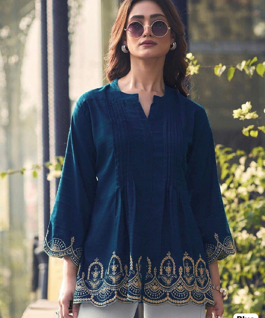 Fancy Heavy Rayon Slub With Embroidery Cut Work Kurti For Women's