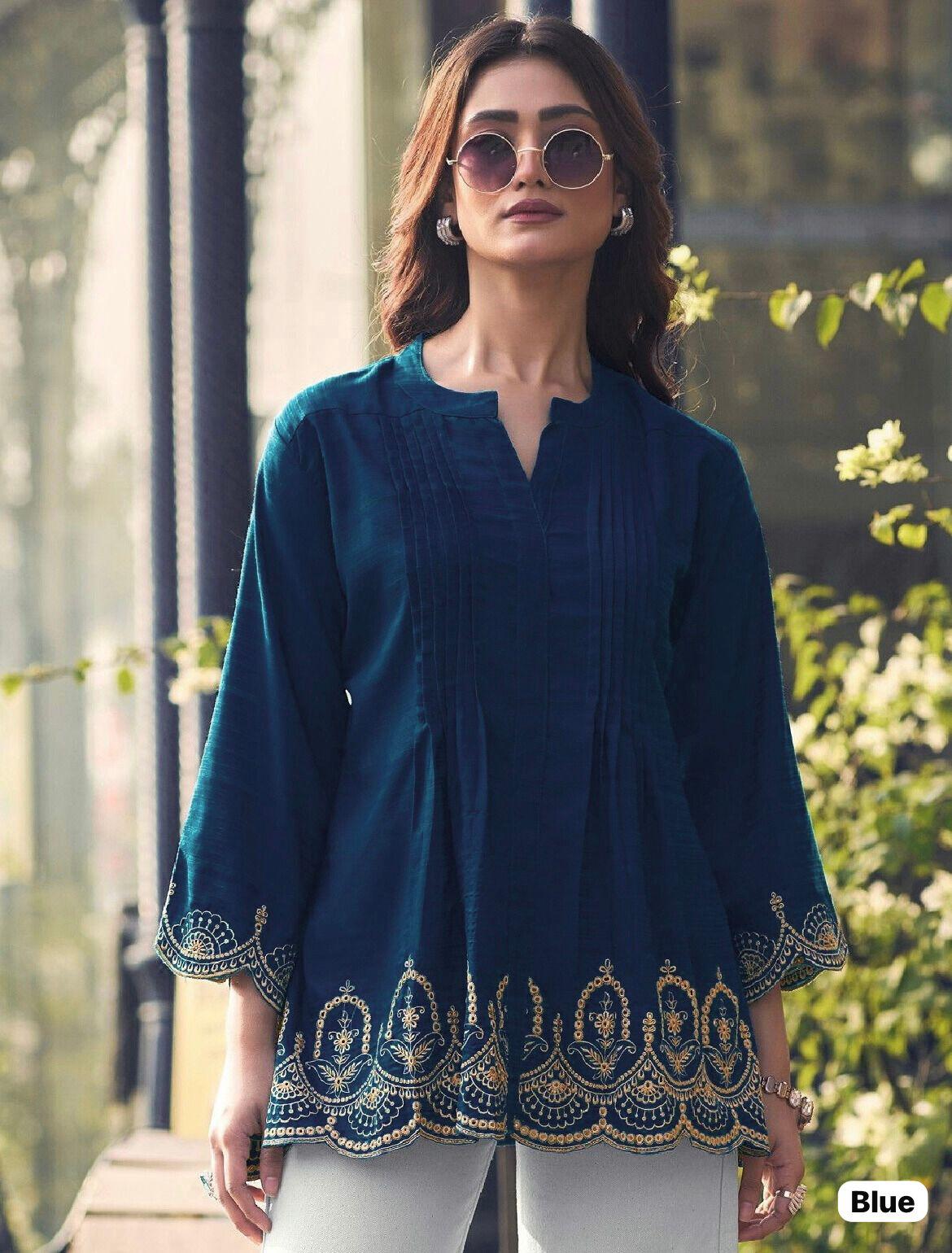 Fancy Heavy Rayon Slub With Embroidery Cut Work Kurti For Women's
