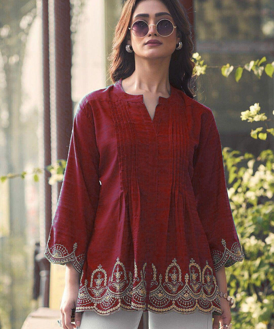 Fancy Heavy Rayon Slub With Embroidery Cut Work Kurti For Women's