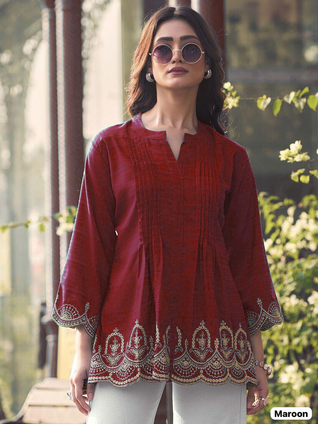 Fancy Heavy Rayon Slub With Embroidery Cut Work Kurti For Women's
