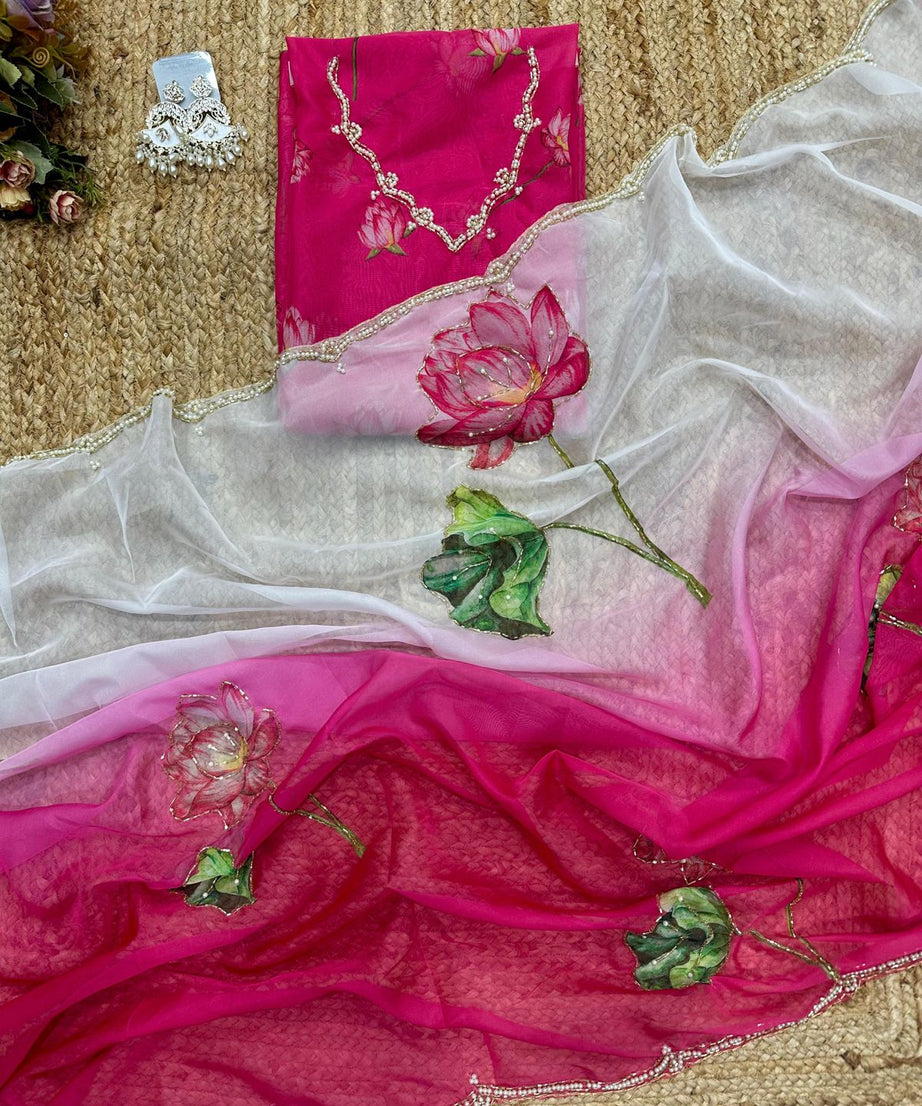 Soft Tebi Silk Two Color Shaded Beautiful Flower Printed Sari With Blouse