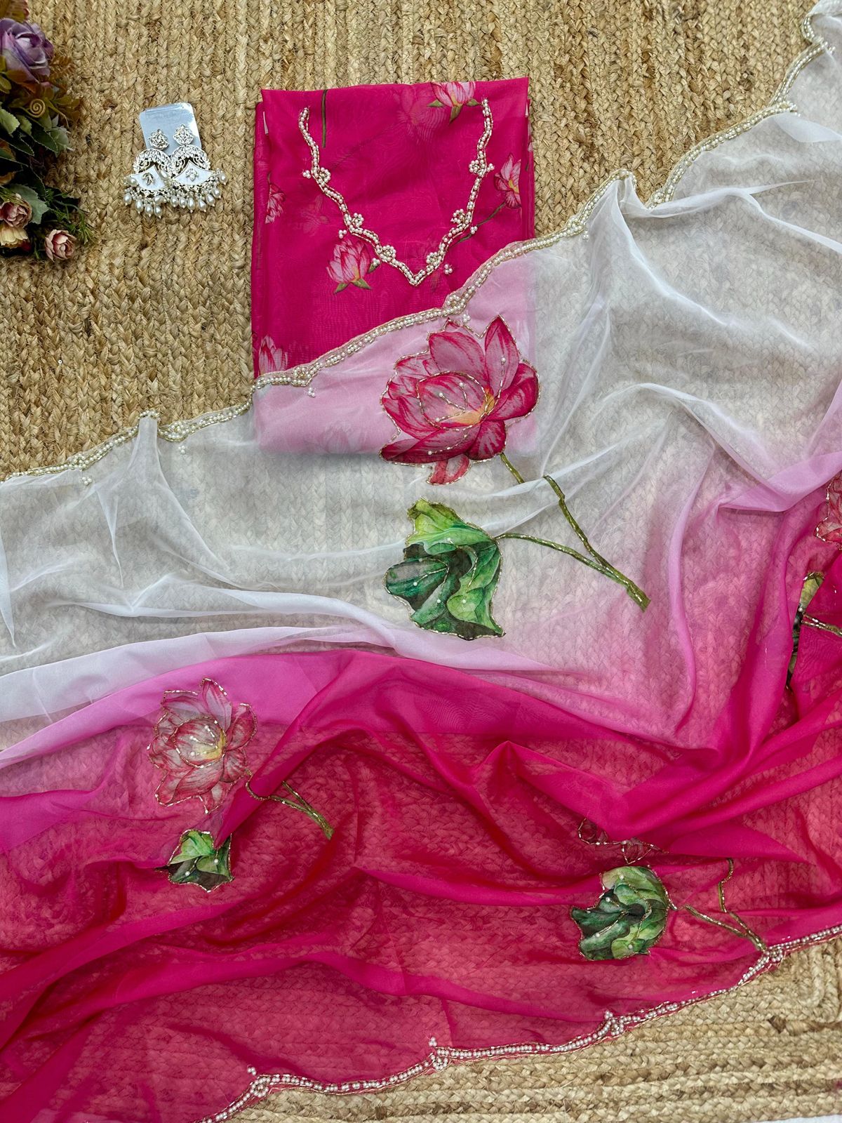 Soft Tebi Silk Two Color Shaded Beautiful Flower Printed Sari With Blouse