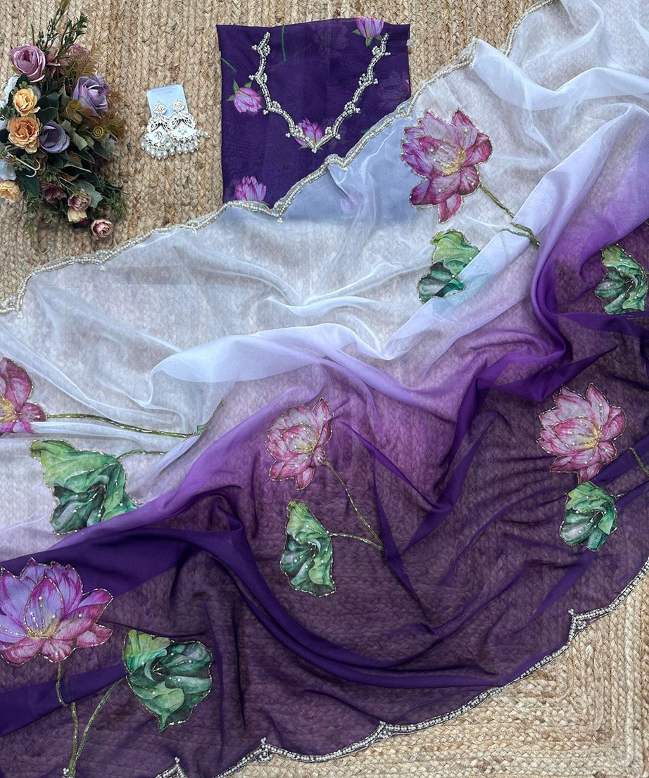 Soft Tebi Silk Two Color Shaded Beautiful Flower Printed Sari With Blouse