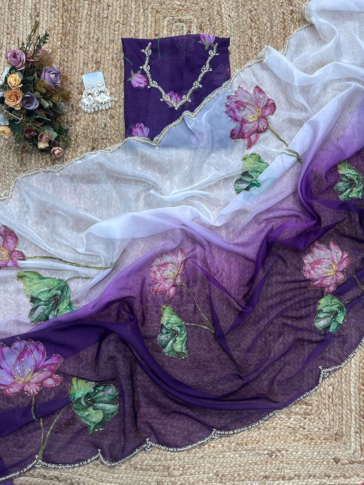 Soft Tebi Silk Two Color Shaded Beautiful Flower Printed Sari With Blouse