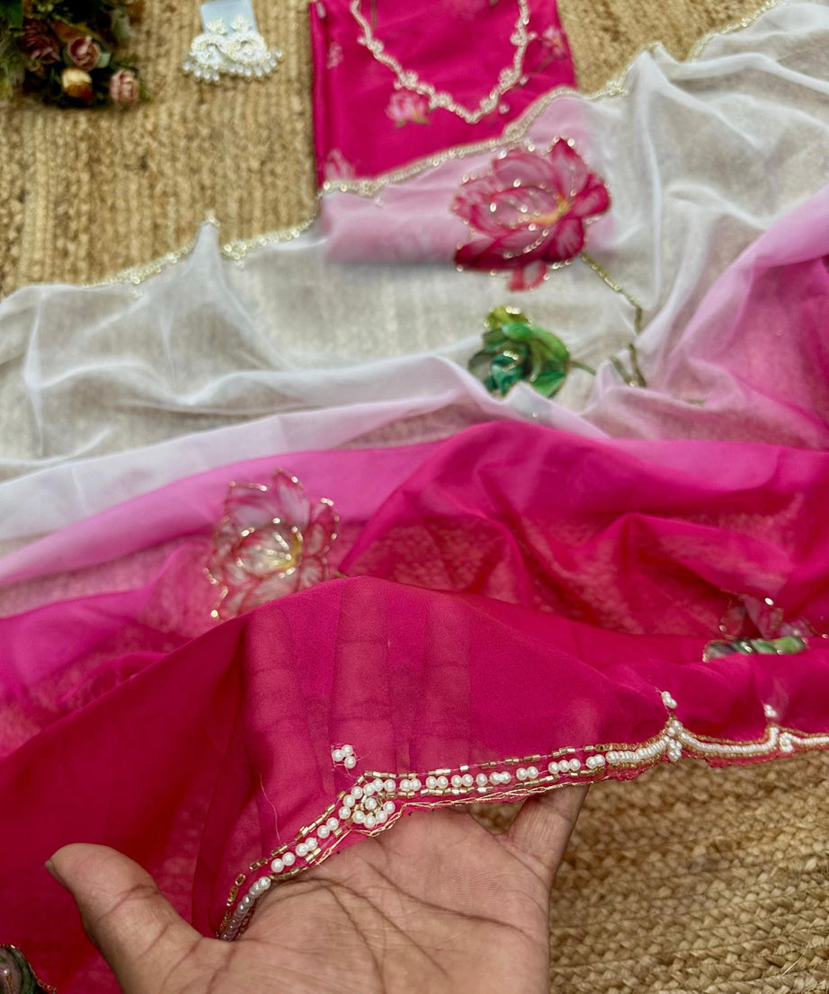 Soft Tebi Silk Two Color Shaded Beautiful Flower Printed Sari With Blouse