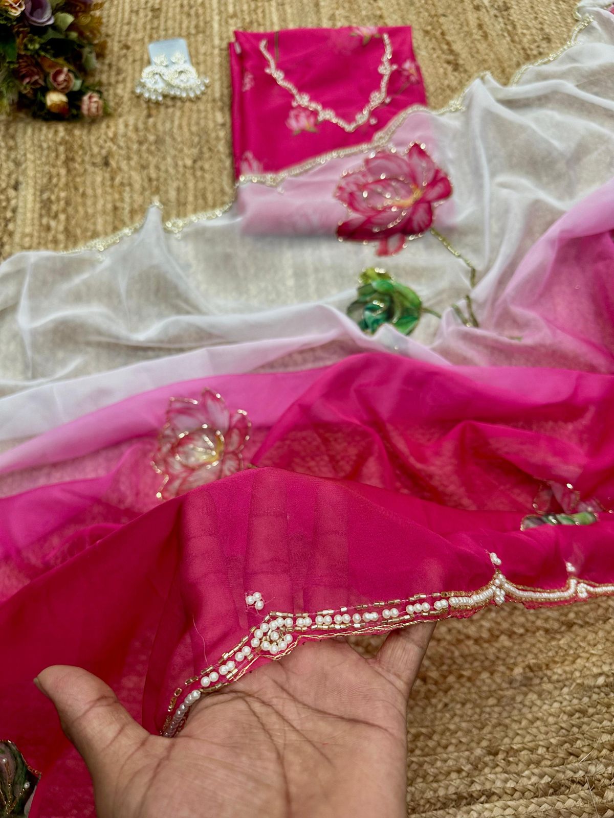 Soft Tebi Silk Two Color Shaded Beautiful Flower Printed Sari With Blouse