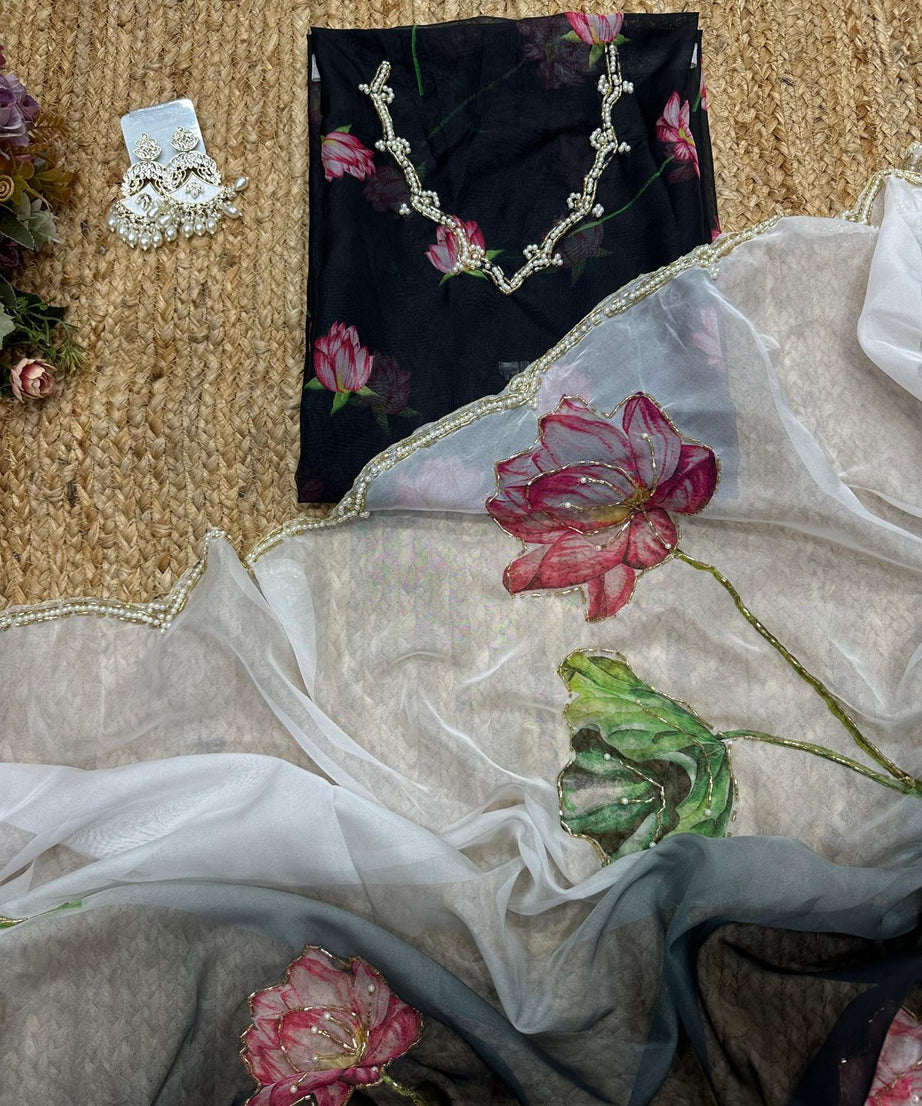 Soft Tebi Silk Two Color Shaded Beautiful Flower Printed Sari With Blouse