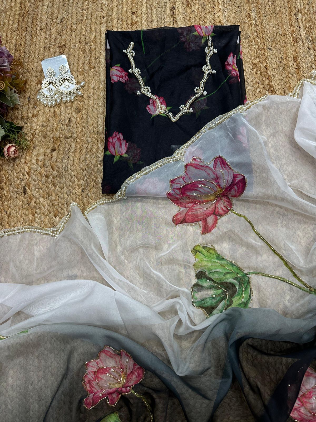 Soft Tebi Silk Two Color Shaded Beautiful Flower Printed Sari With Blouse