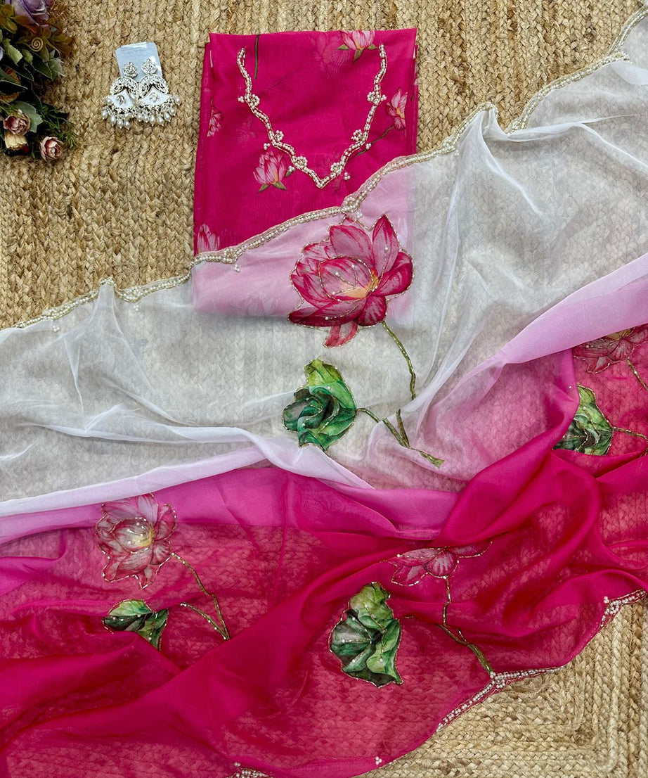 Soft Tebi Silk Two Color Shaded Beautiful Flower Printed Sari With Blouse