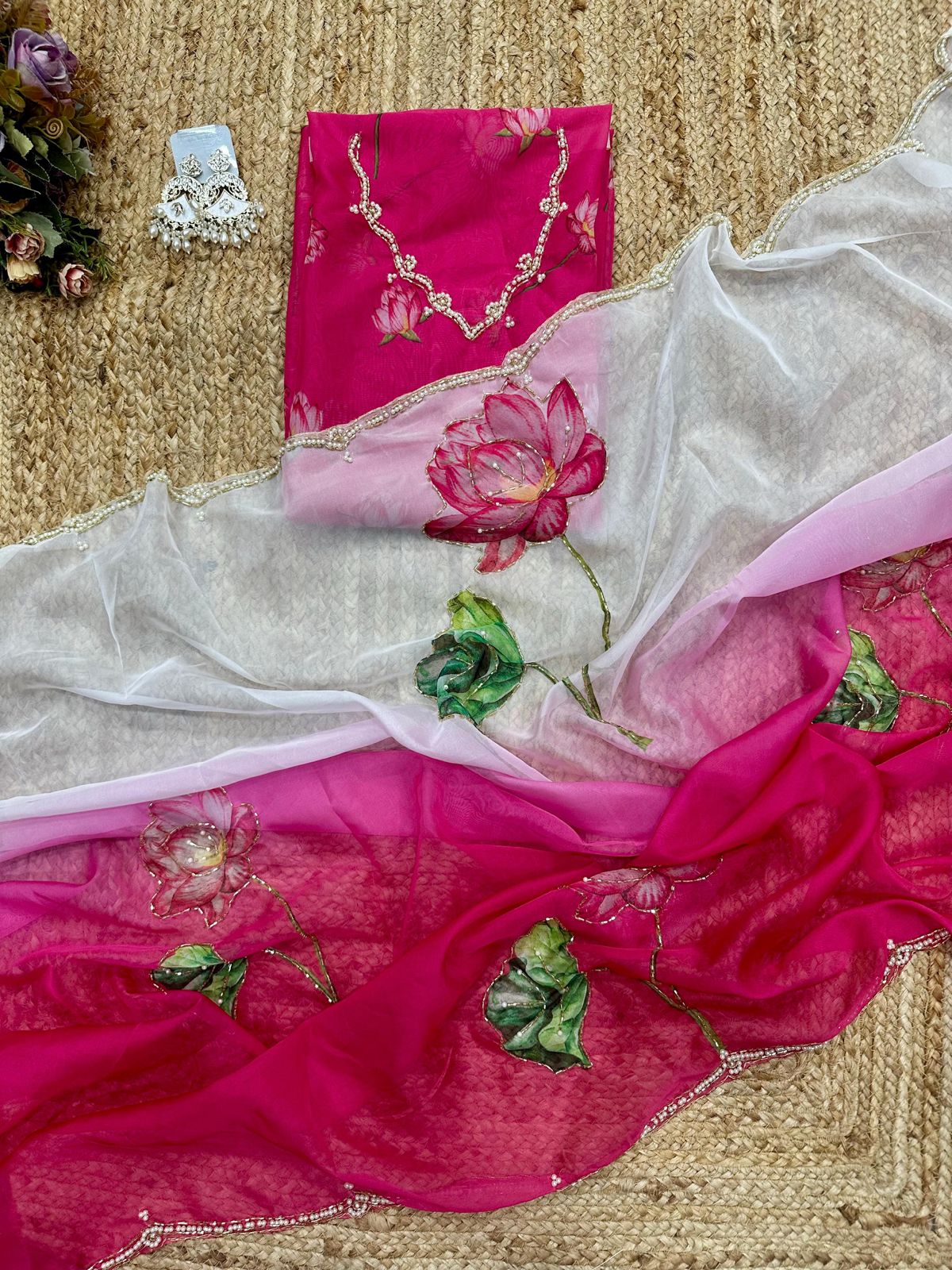 Soft Tebi Silk Two Color Shaded Beautiful Flower Printed Sari With Blouse