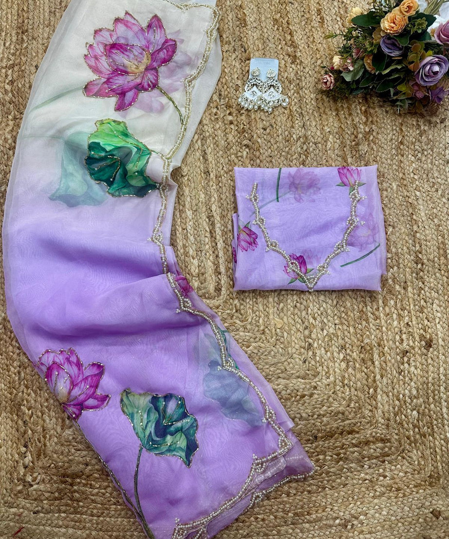 Soft Tebi Silk Two Color Shaded Beautiful Flower Printed Sari With Blouse