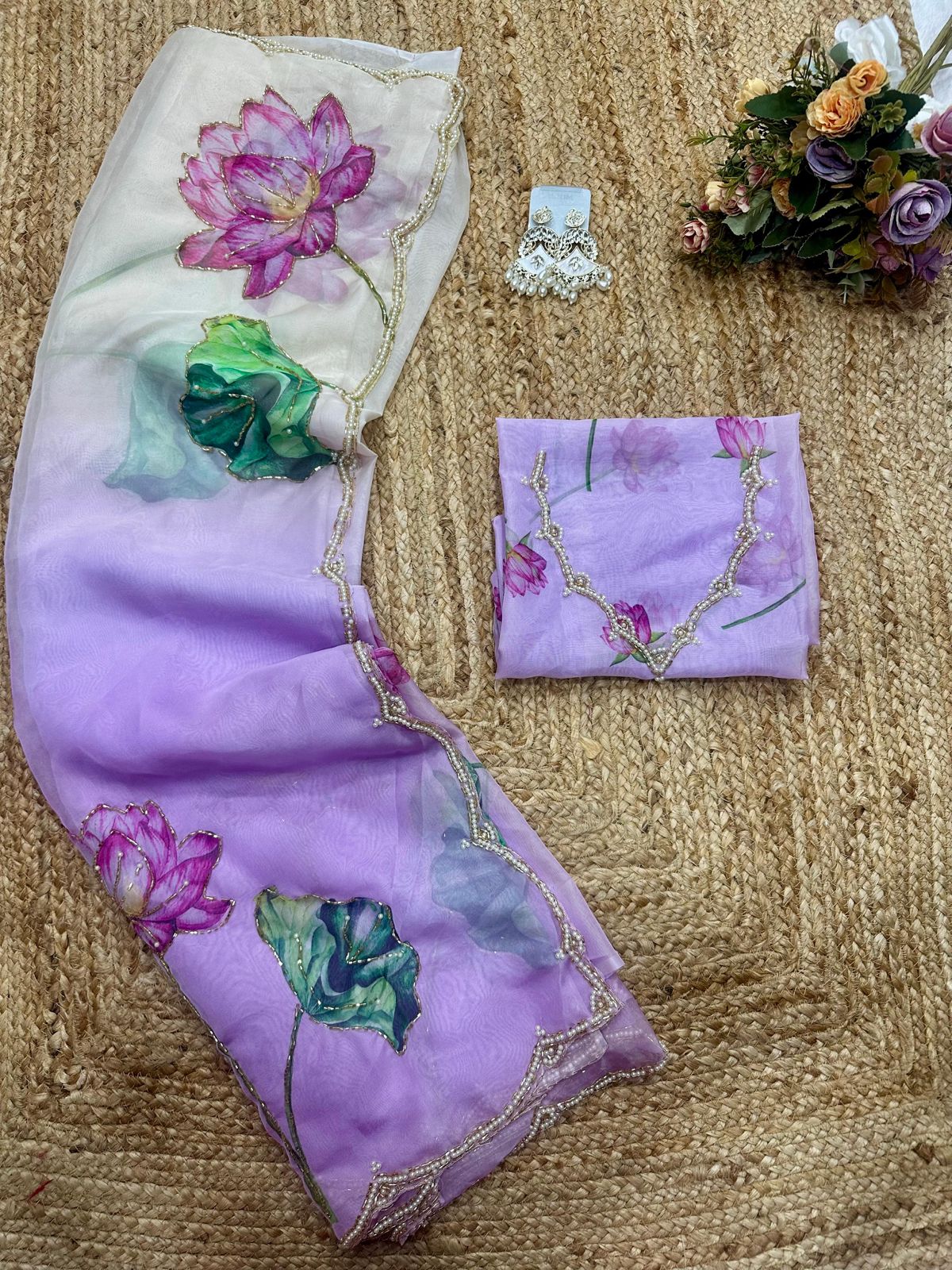 Soft Tebi Silk Two Color Shaded Beautiful Flower Printed Sari With Blouse