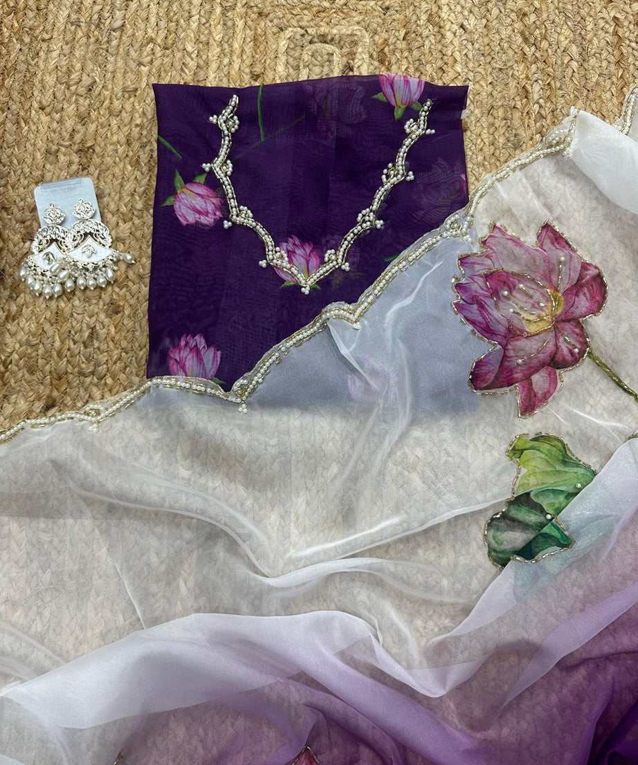 Soft Tebi Silk Two Color Shaded Beautiful Flower Printed Sari With Blouse