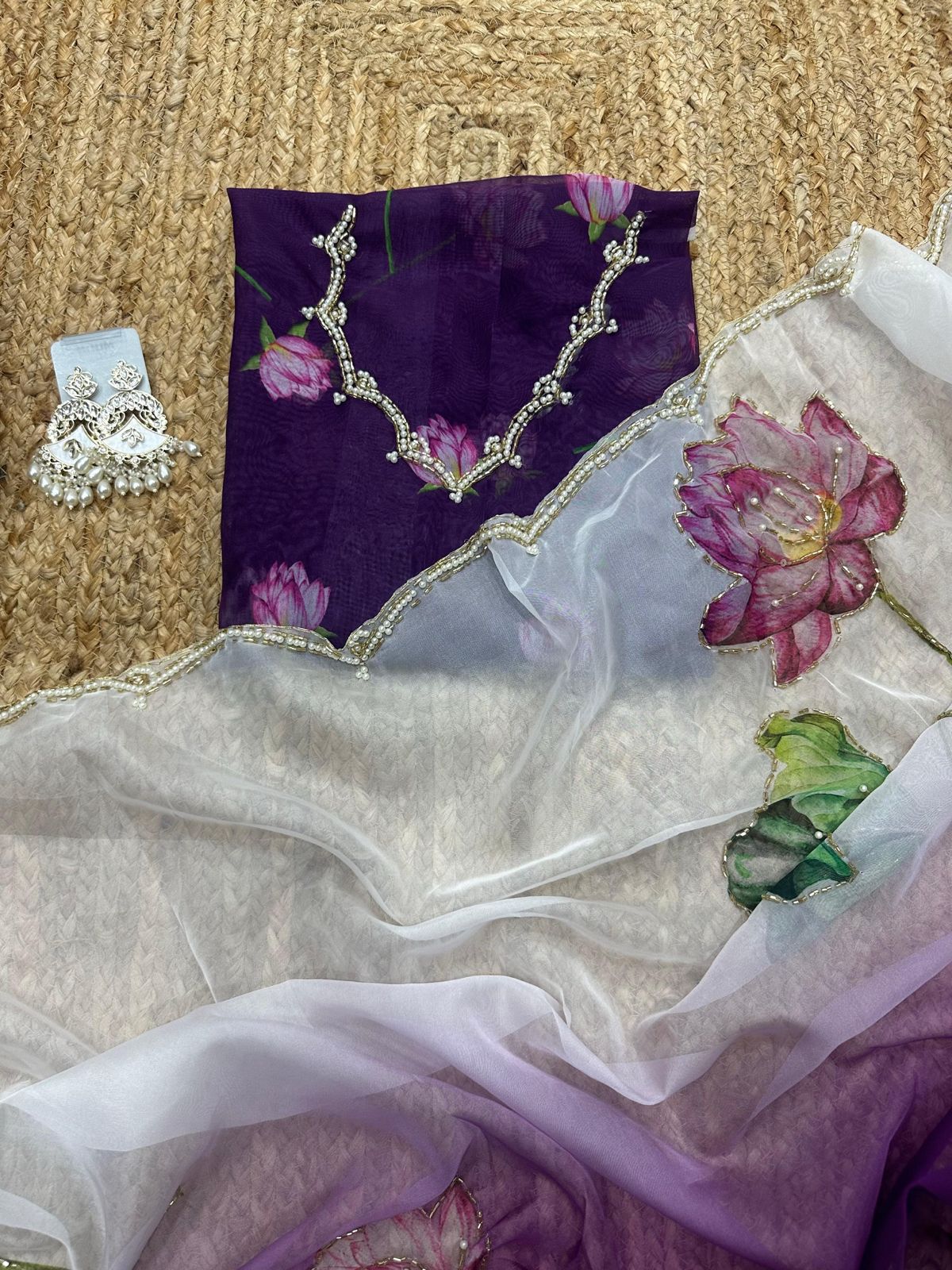 Soft Tebi Silk Two Color Shaded Beautiful Flower Printed Sari With Blouse