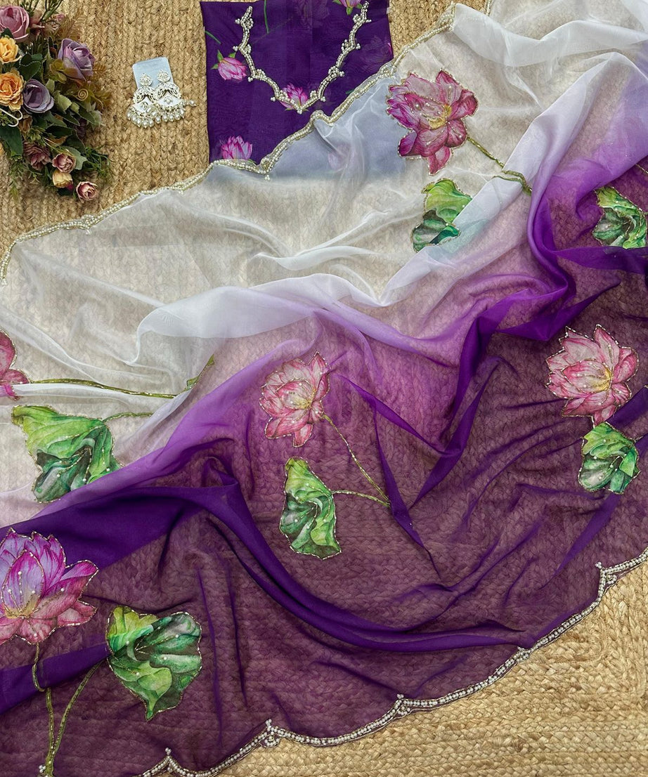 Soft Tebi Silk Two Color Shaded Beautiful Flower Printed Sari With Blouse