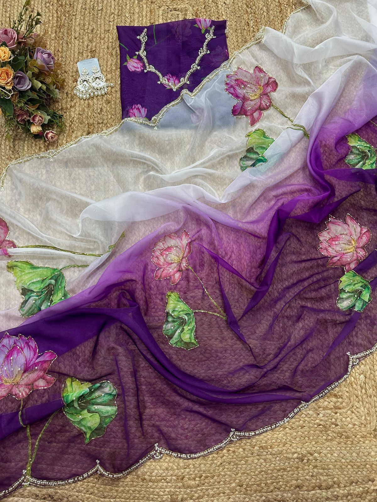 Soft Tebi Silk Two Color Shaded Beautiful Flower Printed Sari With Blouse