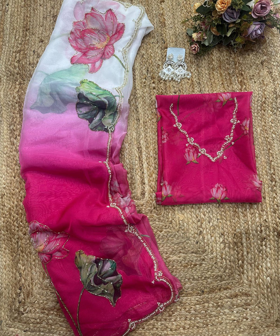 Soft Tebi Silk Two Color Shaded Beautiful Flower Printed Sari With Blouse